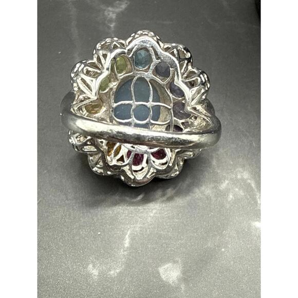Vintage 925 Sterling Silver Flower Drusy Multi Gemstones Cocktail Ring Size 8 - Picture 6 of 8